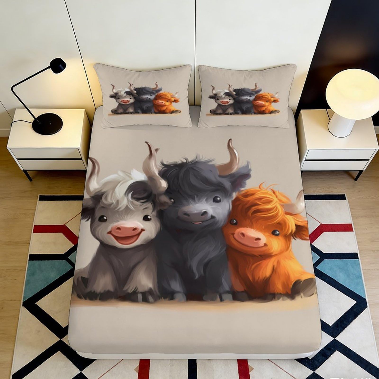 3D Printed Cute Cow Animal Fitted Sheet Microfiber Soft Cartoon Highland Cattle Bed Sheet for Bedroom Guest Room Decor 90x200x25cm