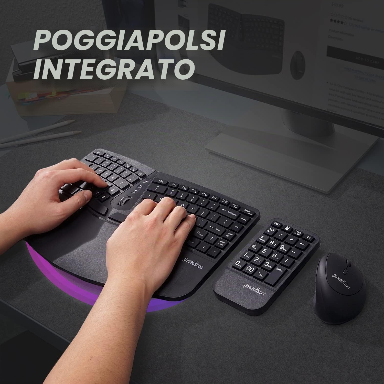 Perixx PERIDUO-606A, tastiera ergonomica compatta wireless 3 in 1 con mouse verticale e tastierino numerico, poggiapolsi regolabile, rotella inclinabile, tasti a basso profilo a membrana
