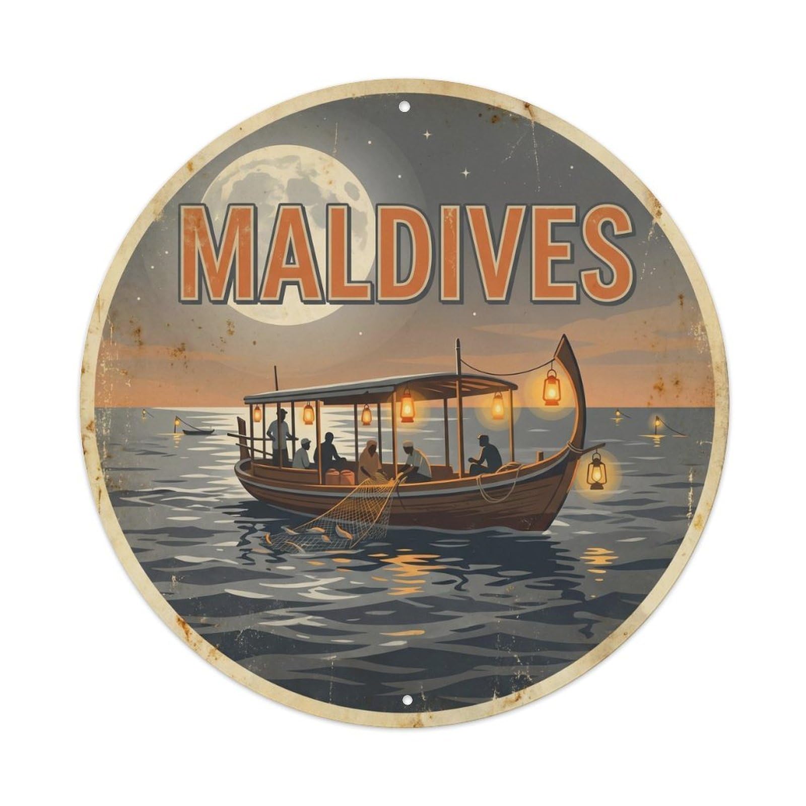 Maldives Night Fishing Ocean Activity Surfing Metal Tin Sign