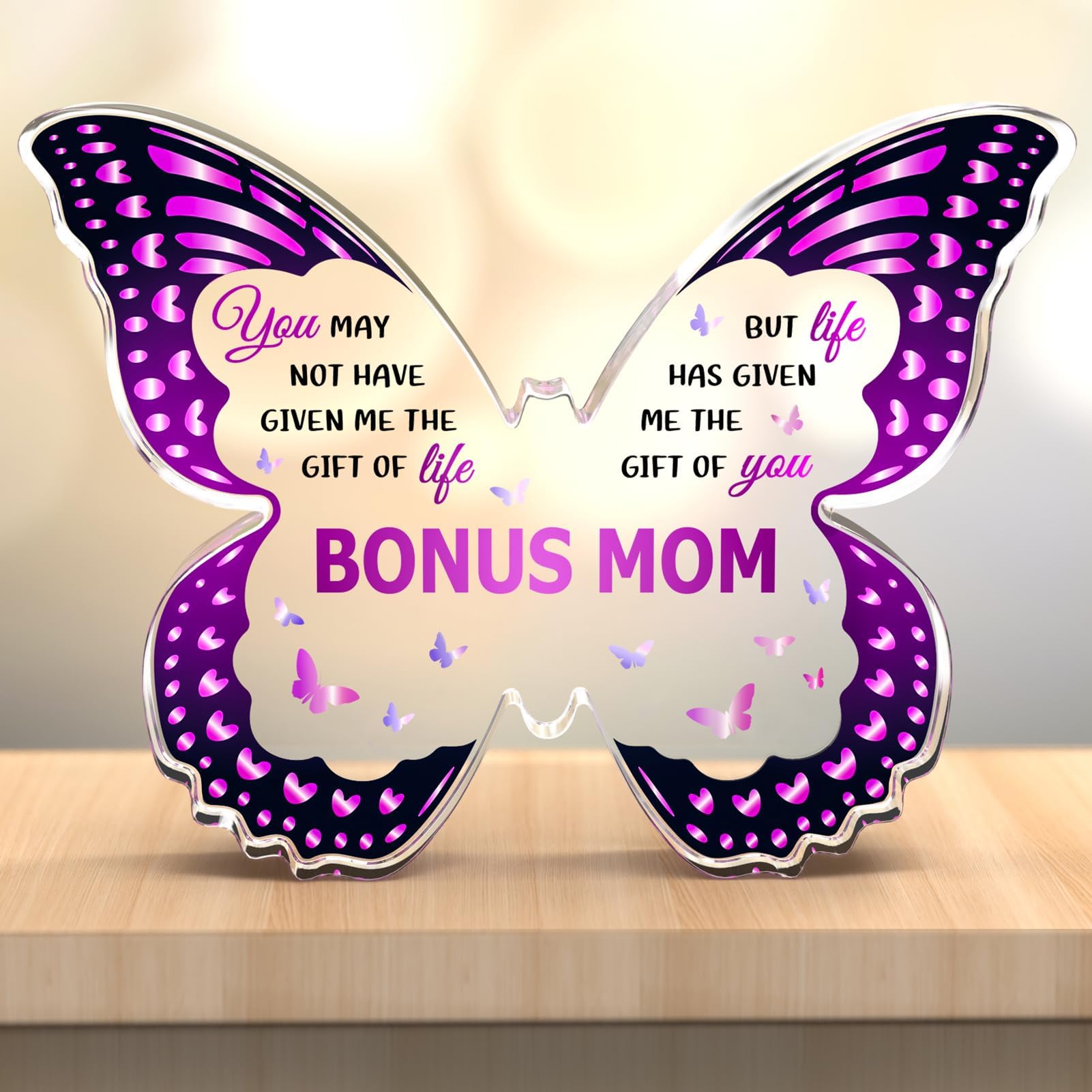GLEEVERA Mothers Day Gifts for Bonus Mom, Bonus Mom Gift Ideas from Daughter Son, Butterfly-Shaped 5x3.8x0.5 Decorative Acrylic Plaques Gifts for Birthday Christmas Thanksgiving Valentines