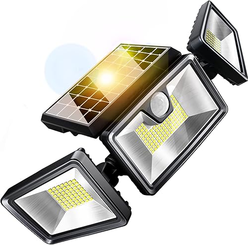 Luces solares de seguridad al aire libre, 214 LED 1500LM Spot Flood Light Wide Ajustable 360 3 cabezales con 3 modos, sensor de movimiento