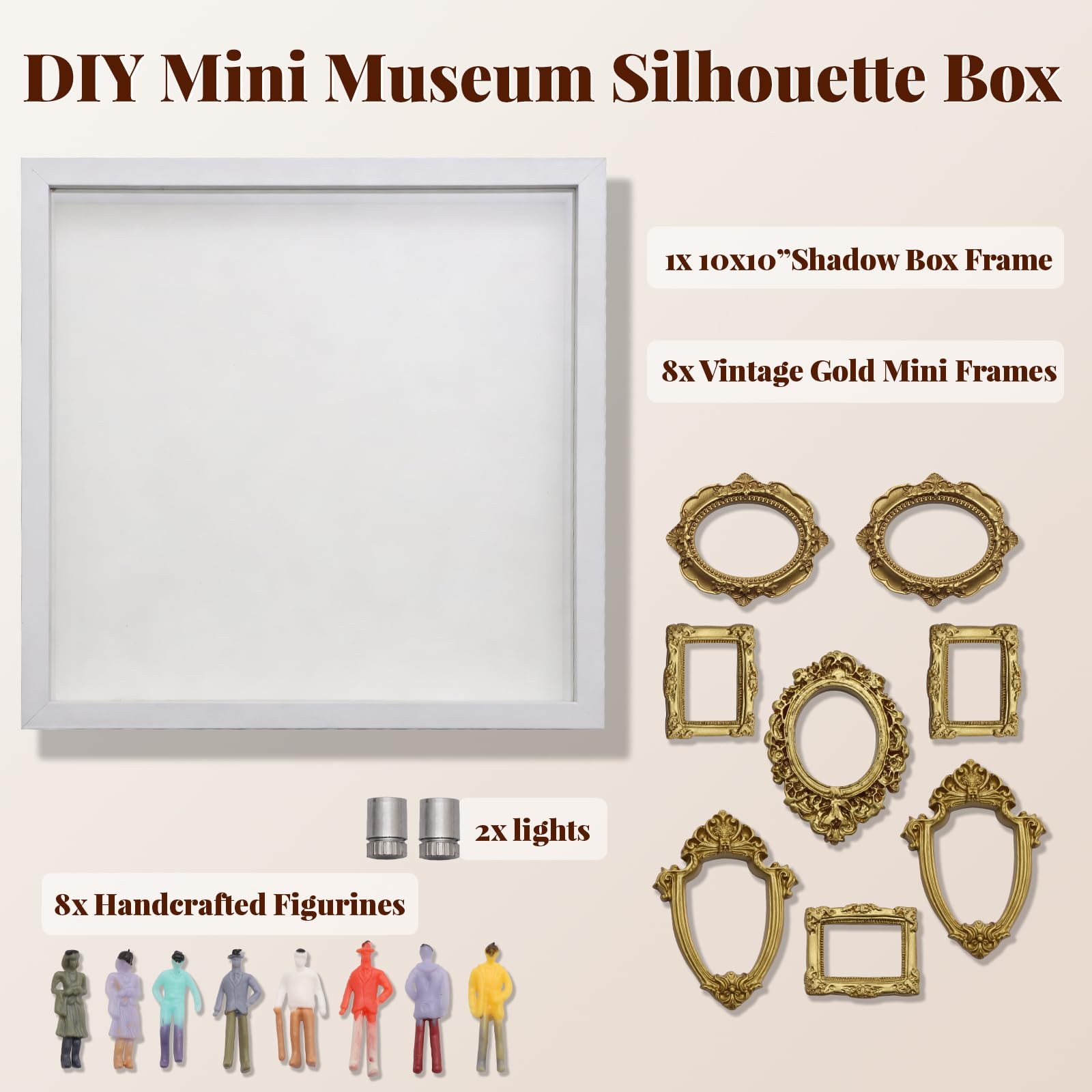 Yizhet Coffret DIY Mini Musée Silhouette – Cadre Photo Créatif Shadow Box avec Éclairage LED, 8 Mini Cadres Dorés & 8 Figurines Aléatoires pour Anniversaire, Mariage, Décoration Intérieure
