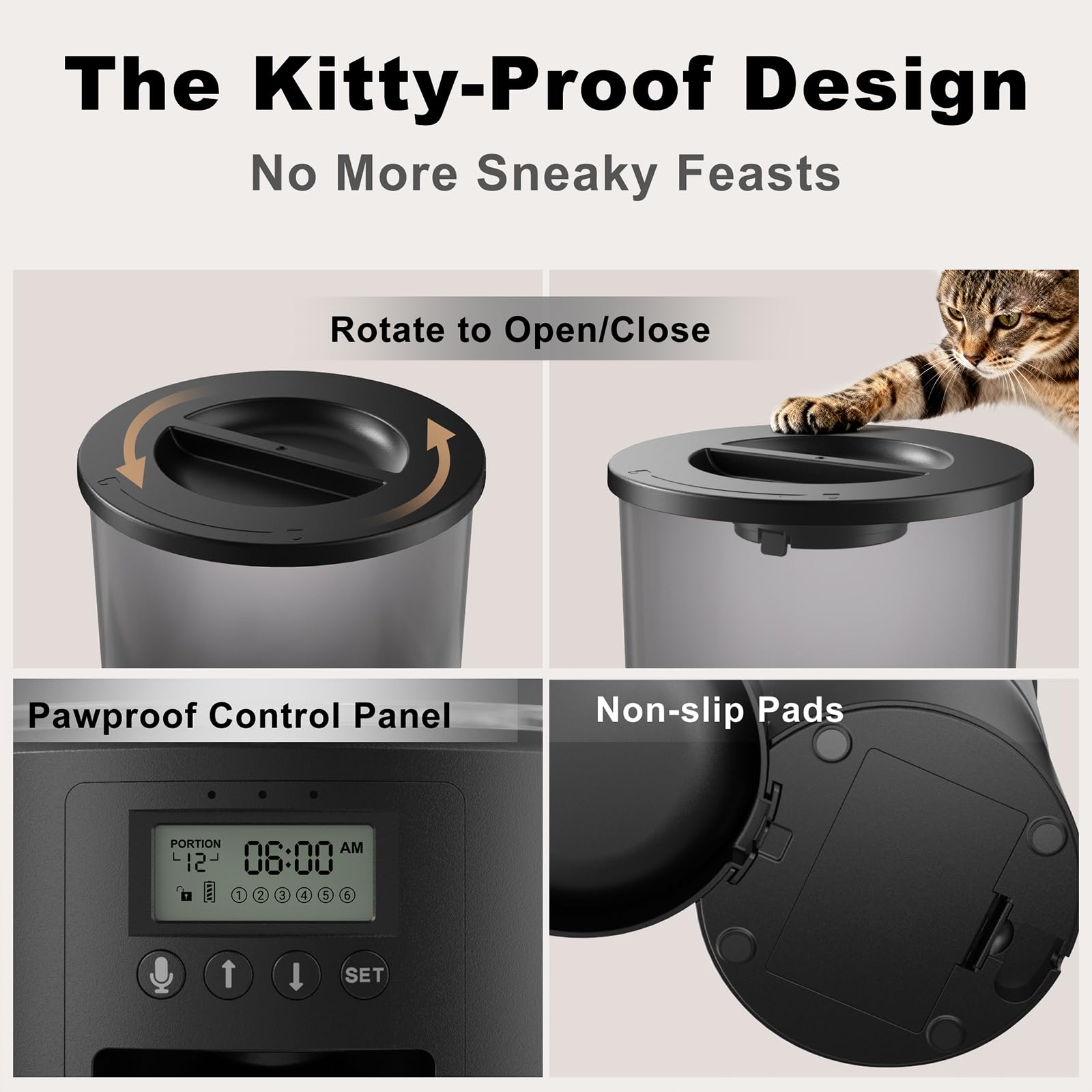 Automatic Cat Feeder 4.2L,6 Meals/Day,Dual Power Portion Control Feeder,Dry Pet Food Auto Dispenser,Timer Setting,10S Voice Record (Transparent Black, Stainless Steel Bowl) - image 3