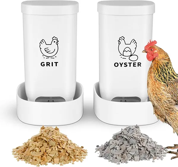 Chicken Oyster Shell Feeder and Grit Feeder with Lid, Automatic Chicken Feeder Coop Accessories Supplies Bottom with Drainage Holes Design for Healthier Hens & Eggs