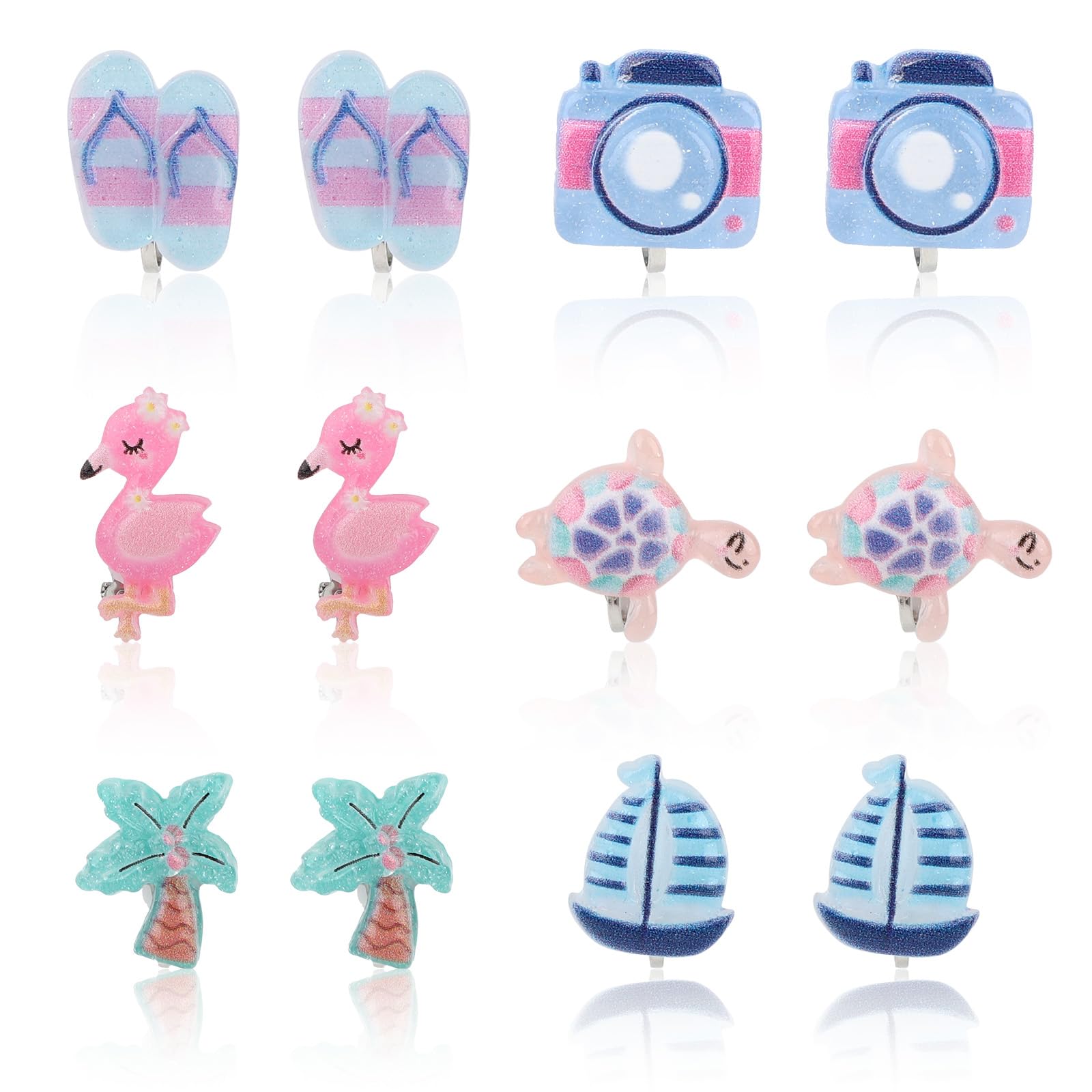 Mikovivi 6 Pair Clip On Earrings for Girls, Colorful Resin Clip On Earrings Turtle Sailboat and More Pattern Non-Pierced Jewelry Beach Theme Jewelry Accessory for Kids Girls (6 Styles)