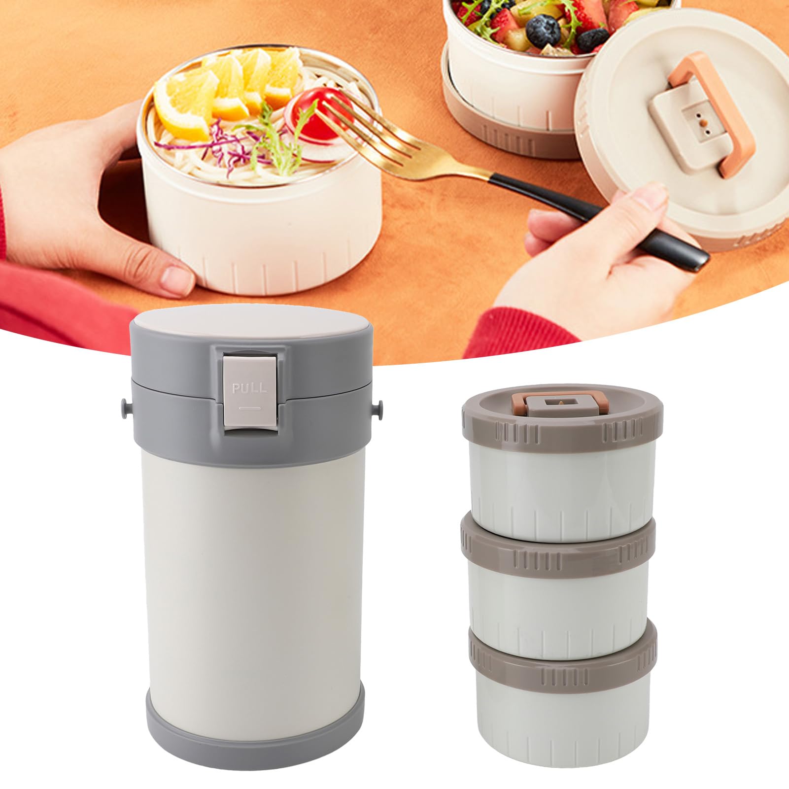 Aramox Isolierter Lebensmittelbehälter, 2,3 L, 3-stöckige -Lunchbox, Vakuumisolierter Lebensmittelbehälter aus Edelstahl 304, Mikrowellengeeignete Boxen, Auslaufsicher, mit Schultergurt für das