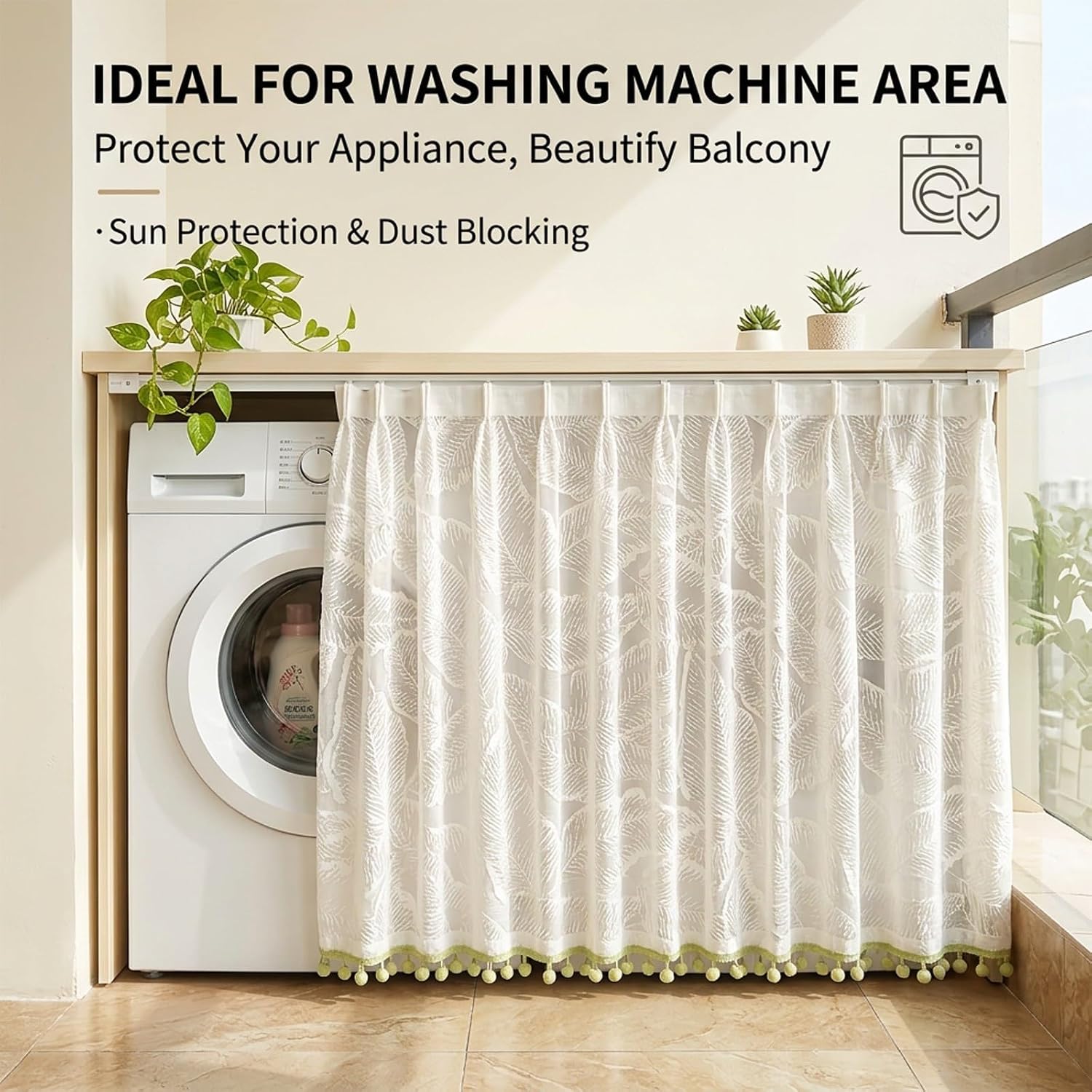 Pleated Cabinet Curtain,Punch‑Free Sheer,Pom‑Pom Tassel