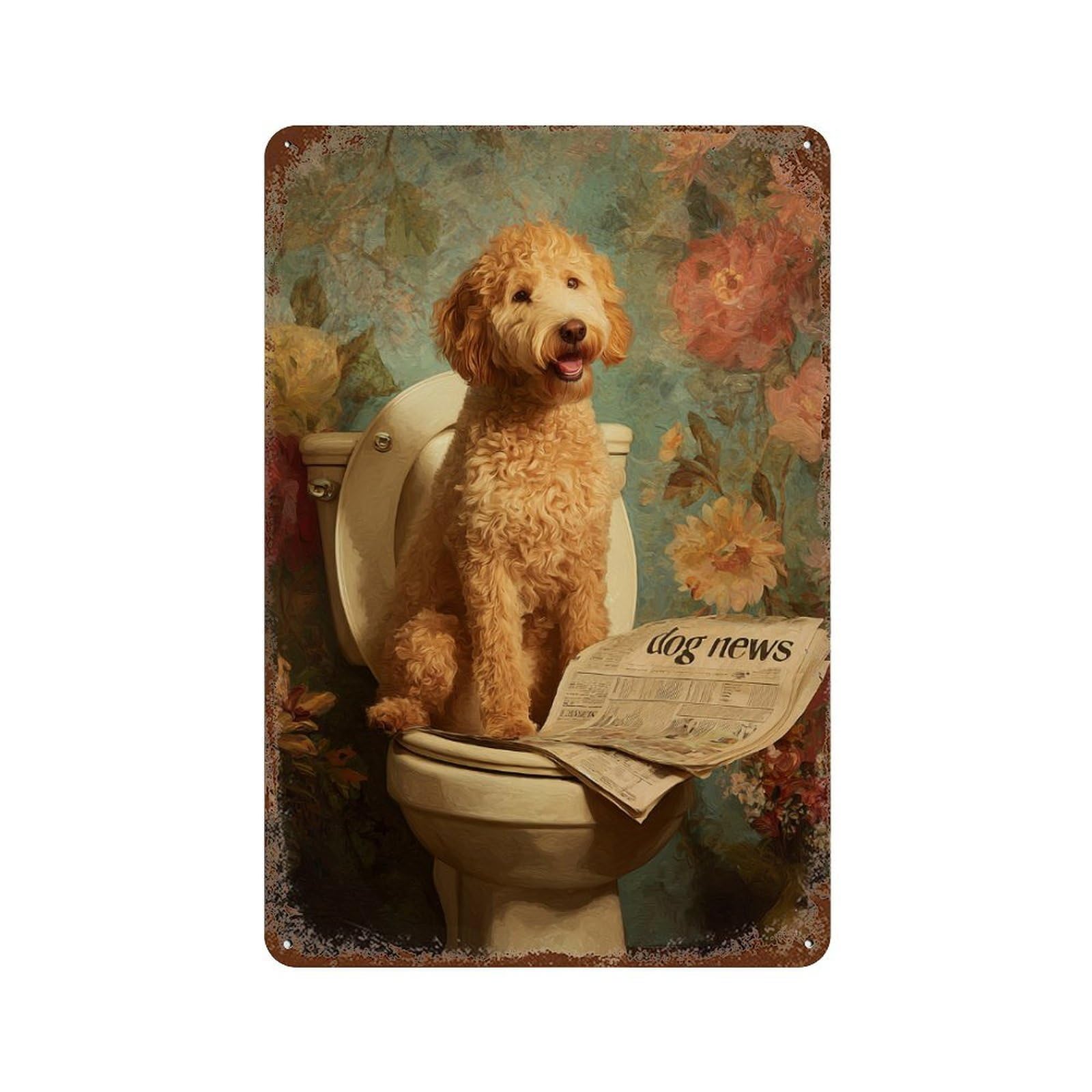 Golden Retriever on Toilet Reading Dog News Aged Metal Wall Plaque 11.8"x7.9", Industrial Home Decor for Garage, Pub Or Kitchen
