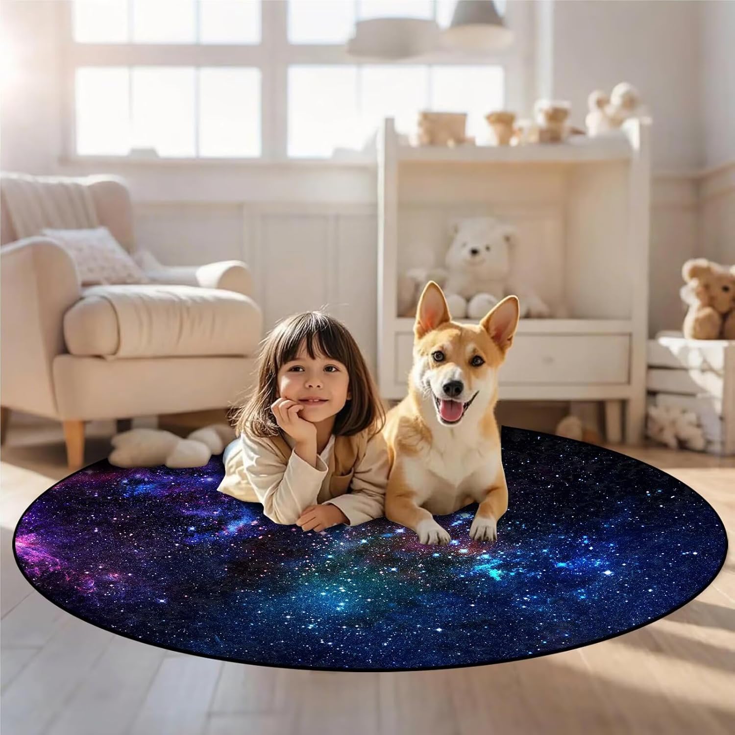 kxry 4Ft Round Galaxy Soft Area Rugs for Kids Girls Boys Blue and Purple Outer Space Starry Sky Universe 4x4 Circle Floor Carpet for Living Room Bedroom Dorms Nursery Rooms Home Decor Aesthetic