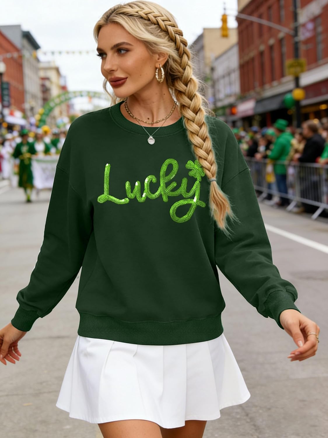 St Patricks Day Sweatshirt Women Lucky Shamrock Shirt Embroidered Striped Holiday Long Sleeve Pullover Tops - Image 5
