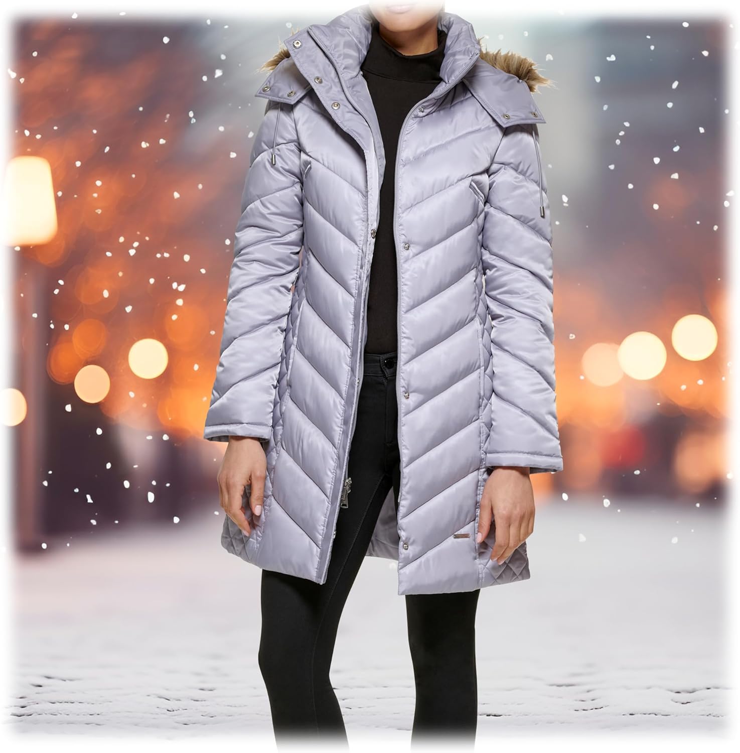 Kenneth Cole Women's 17QMP124 Quilted Chevron Puffer Jacket - Light Grey - M