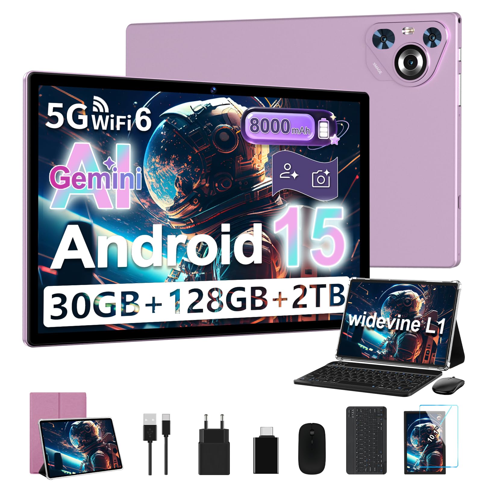 Tablet Android 15, 30GB RAM 128GB ROM(TF 2TB Expandible), 10 Pulgadas, 8000mAh, WIFI 5G, GPS/BT5.0/OTG, Face ID, Widevine L1, Tableta de Cuerpo Metálico con Teclado, Mouse y Funda Protectora -Violeta