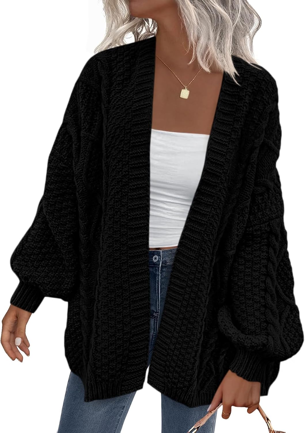 PRETTYGARDEN Women's Cable Knit Open Front Spring Sweater Lantern Long Sleeve Chunky Cardigan Sweaters Trendy Outerwear Coats