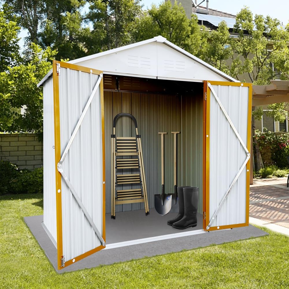 Outdoor Storage Shed 6x4 Ft with Apex Roof, Metal Garden Shed in White and Yellow for Weather-Resistant Shelter
