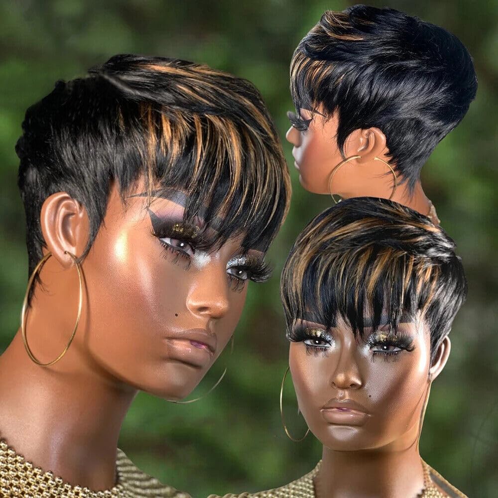 Bulapla Short Bob Wigs for Black Women Human Hair Ombre Pixie Cut Wig with Bangs Machine Made Wig 1B/33 Color 130% Density