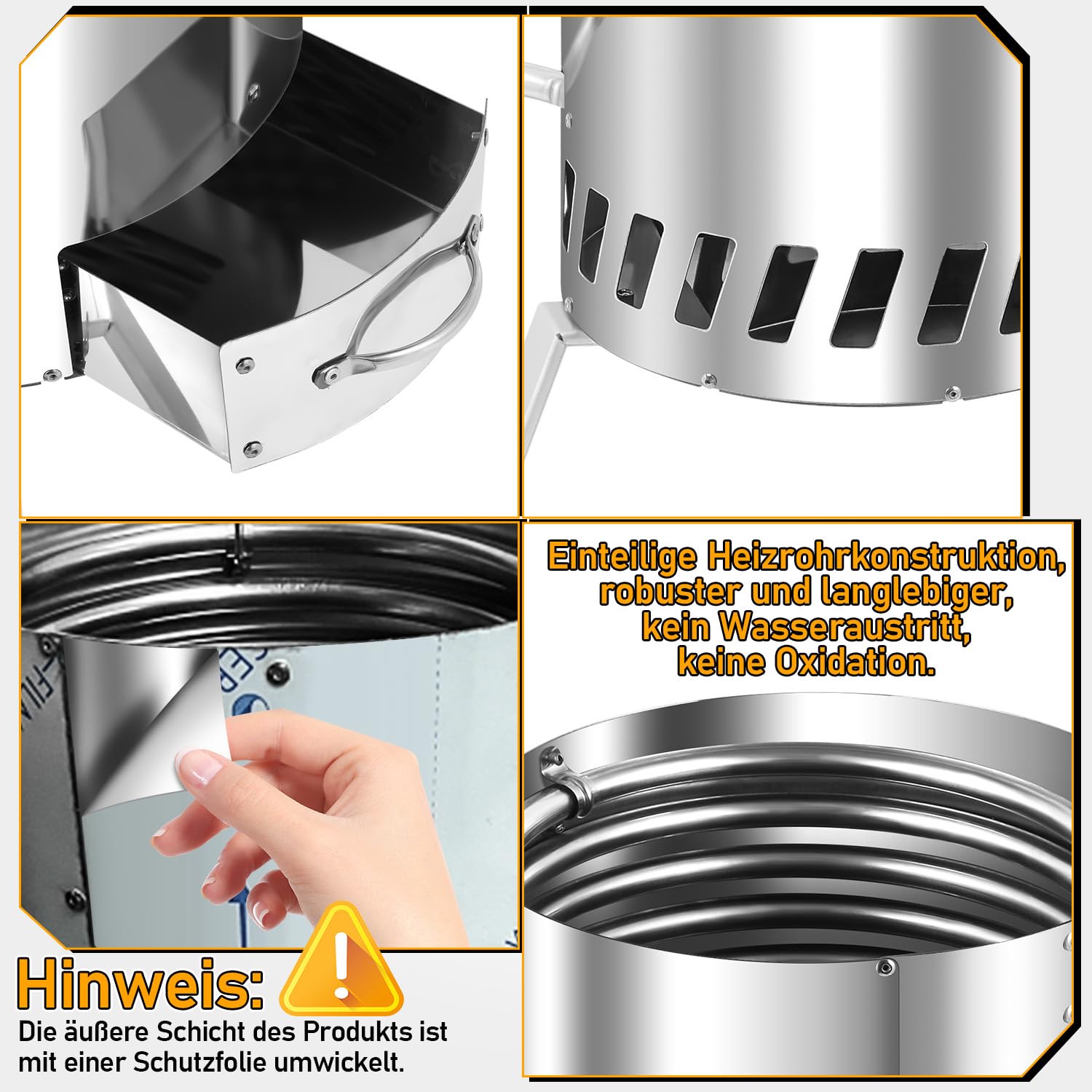 Ogrzewanie basenu z drewnem – spirala grzewcza ze stali nierdzewnej o średnicy 20 mm, ze stali nierdzewnej, do małych basenów (6-10 m³), Ø 32-38 mm, z szufladą na popiół i matą ogniotrwałą