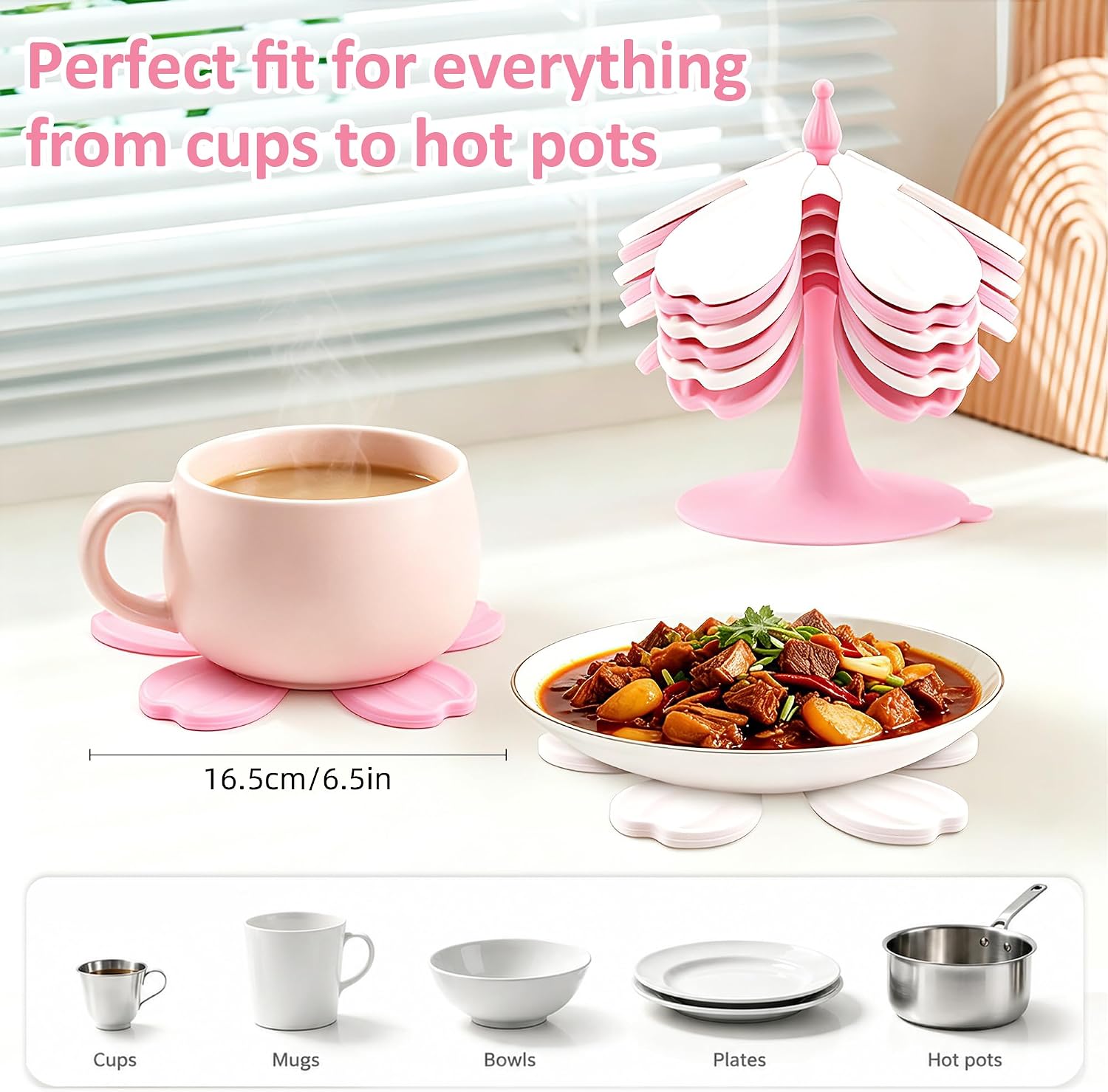 Set of 6 Silicone Trivet Mats for Hot Dishes, Drink Coasters & Stand Stored