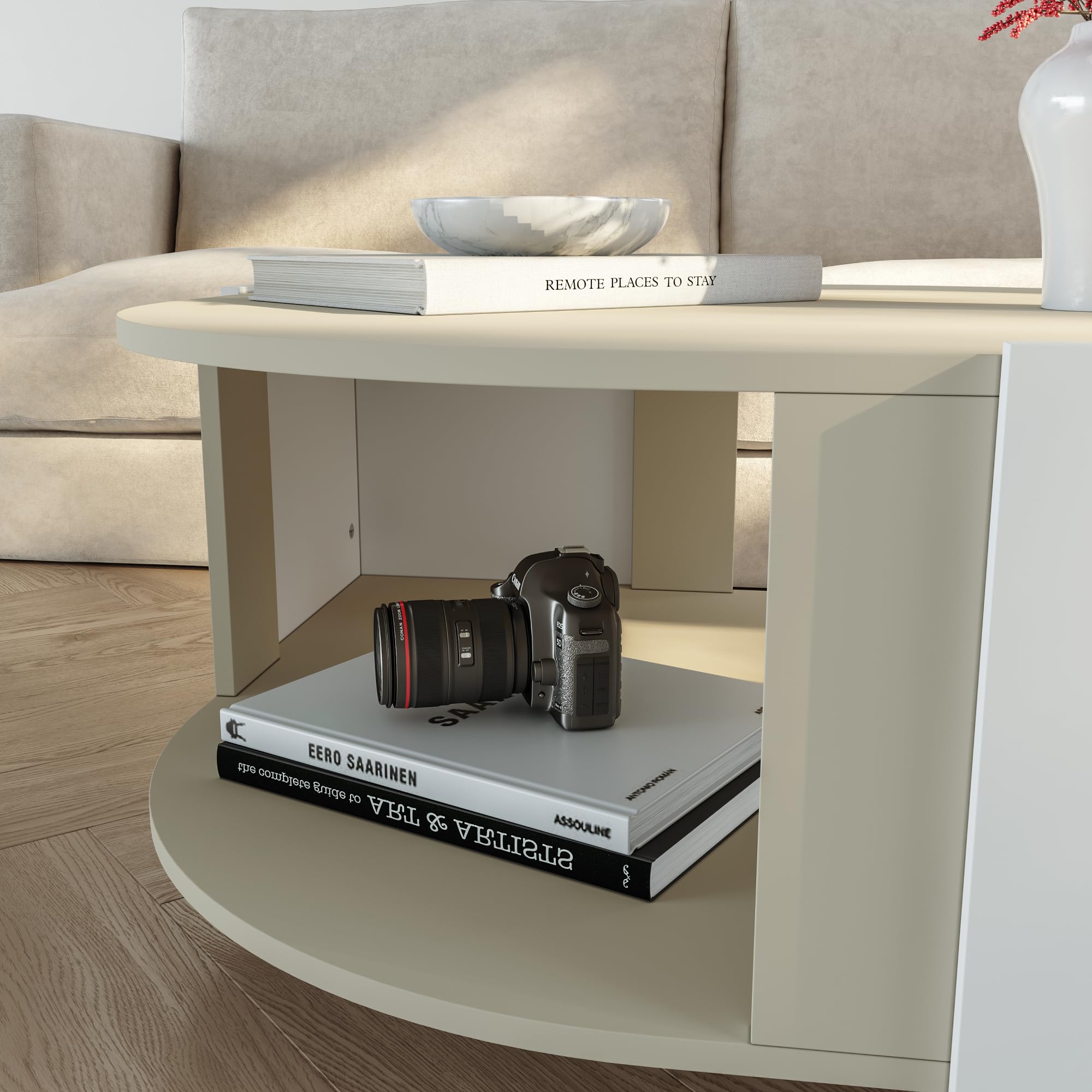 [en.casa] Tavolino Centrale da Salotto con Piano Curvo Tavolo Basso da Caffè con Ripiano Vano Aperto per Soggiorno Living Studio 75 x 75 x 40 cm - Bianco/Color Avena Oatmeal