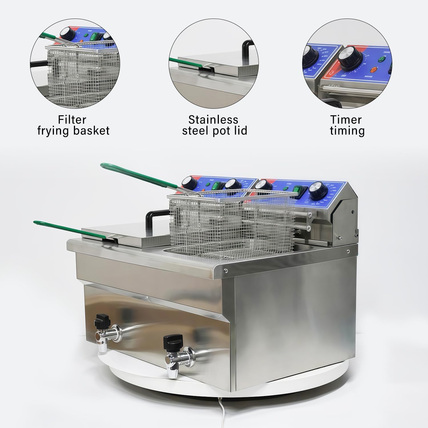 8L*2 Dual Tank Commercial Deep Fryer or Restaurant Use,Electric Stainless Steel Draining Valve with Timer,Solid Basket.