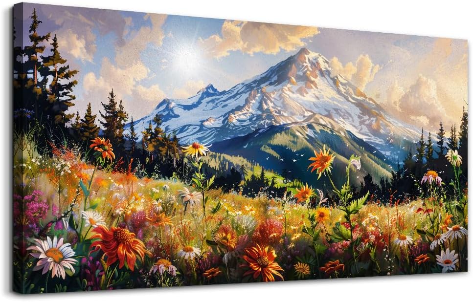 FUHAIHUA Canvas Wall Art For Living Room Large Framed Wall Decor For Office Modern Bedroom Decorations Mountain Flower Landscape Pictures Farmhouse Paintings Artwork Aesthetic Home Decor 30x60 In