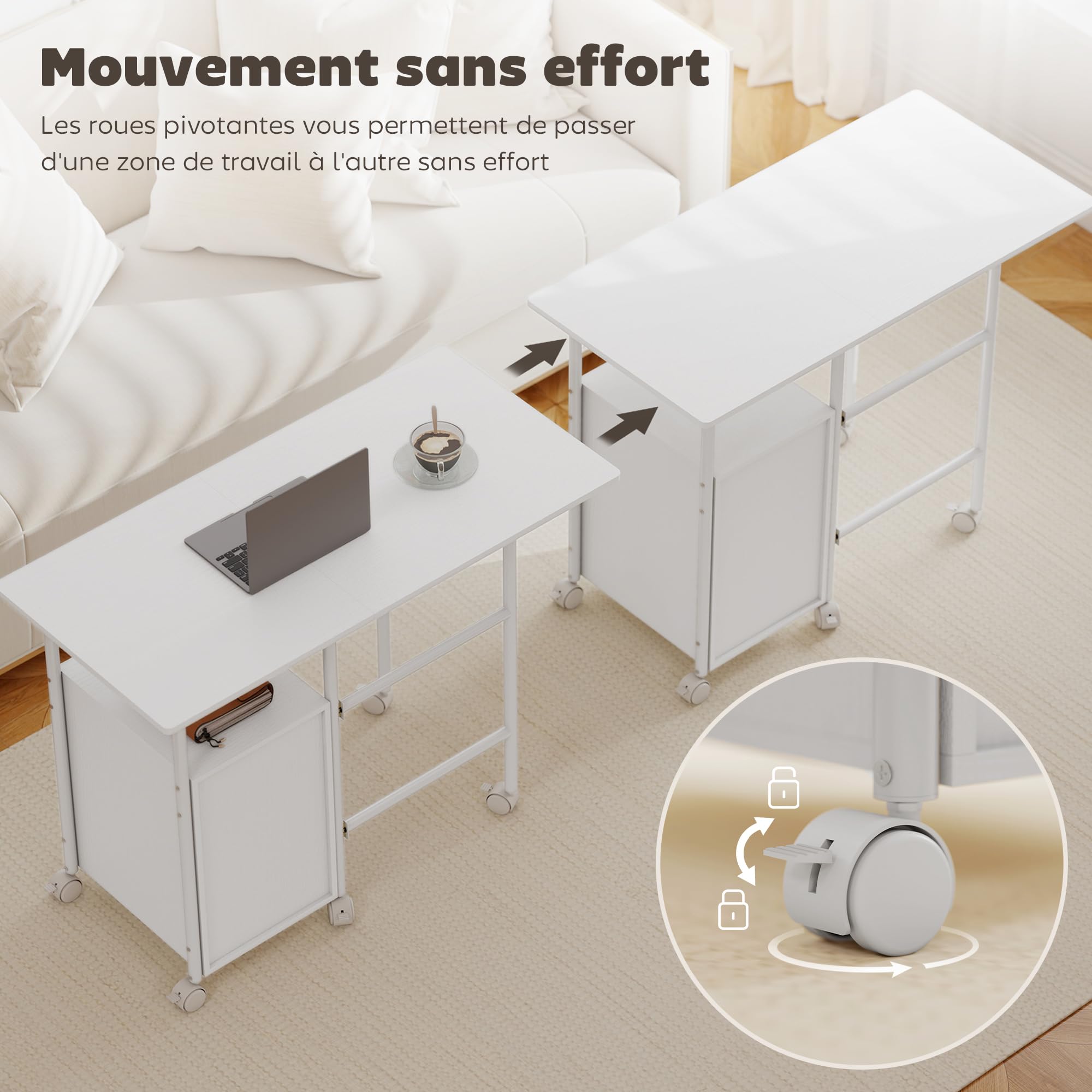 HOMCOM Scrivania pieghevole su ruote con 3 cassetti 105x51x75,5 cm Bianco