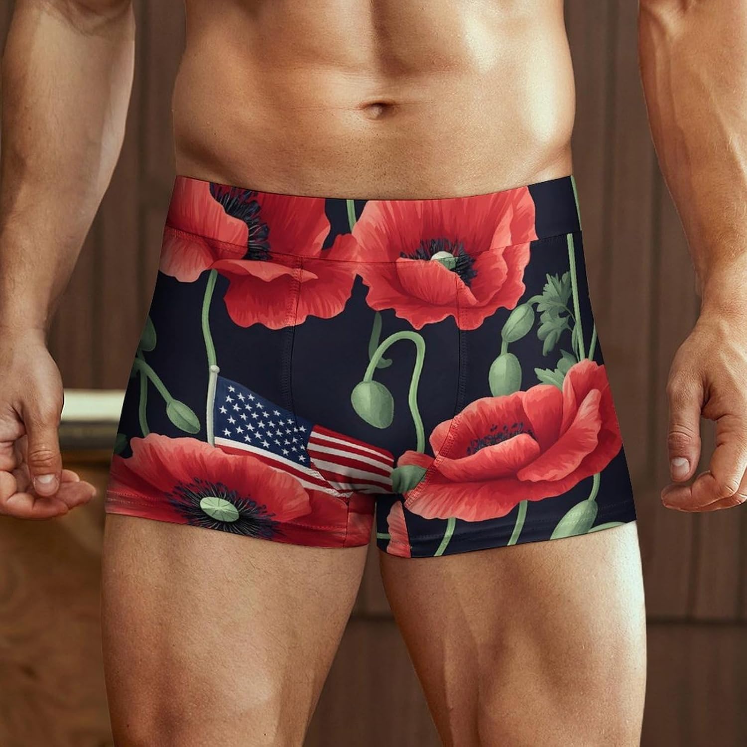 Memorial Day U.S.A Flags with Flowers Classic Mens Underwear Boxer Briefs Soft Stretch Shorts Printing