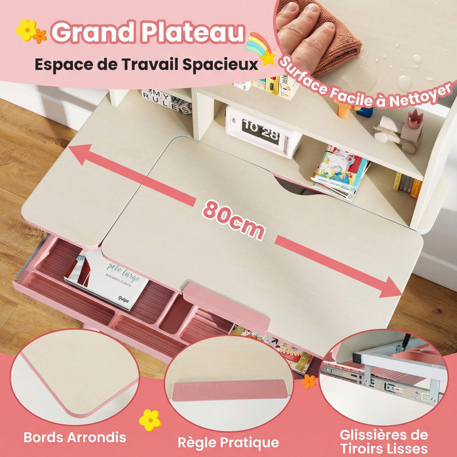 DREAMADE Bureau Enfant 2 Niveau Plateau Inclinable Hauteur Réglable Table d'Étude Ergonomique Bibliothèque Tiroir Charge 100KG Rose