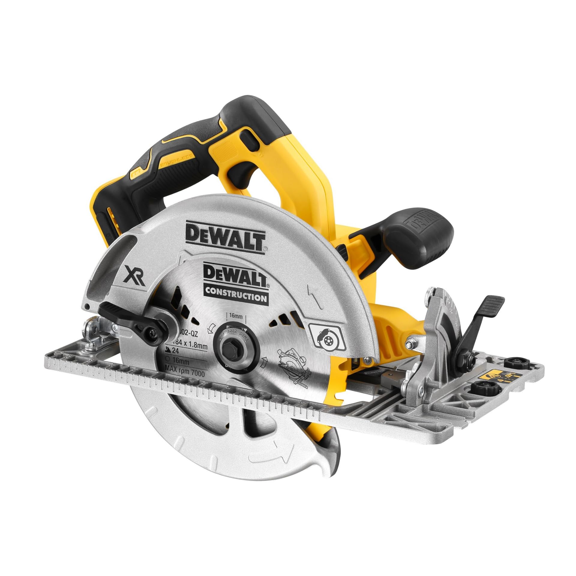 DEWALT XR 18V Sega Circolare Brushless 184mm, Compatibile con Guida, Taglio 58mm, Regolazione Senza Utensili, Valigetta TSTAK, LED, Aspirazione Polveri AirLock, Corpo Macchina – DCS572NT-​XJ