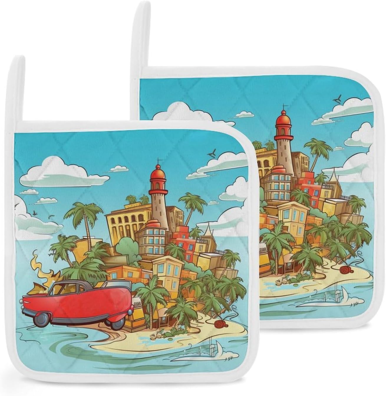 Square Potholders 2-Piece Set,Island of Cuba Printed Kitchen Insulation Mats Heat-Resistant Non-Slip Insulation Mats with Hanging Rings for Kitchen Cooking Baking BBQ