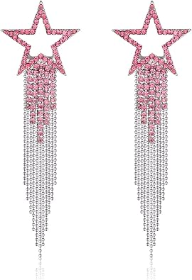 Womens Tassel Earrings Star Ear Stud Pave Crystal Dangle Earrings Boho Waterfall Beaded Fringe Drop Earring