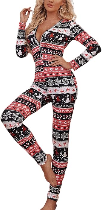 Womens Valentines Jumpsuit One Piece Pajamas V Neck Long Sleeve Jumpsuit Bodycon Bodysuit Romper Sleepwear
