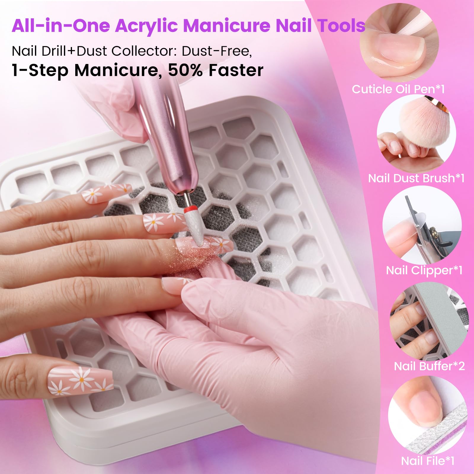 Kit de taladro de uñas con colector de polvo: lima eléctrica de uñas profesional de 20000 RPM con USB para eliminación de gel acrílico, herramienta de manicura y pedicura en bolsa de cosméticos para
