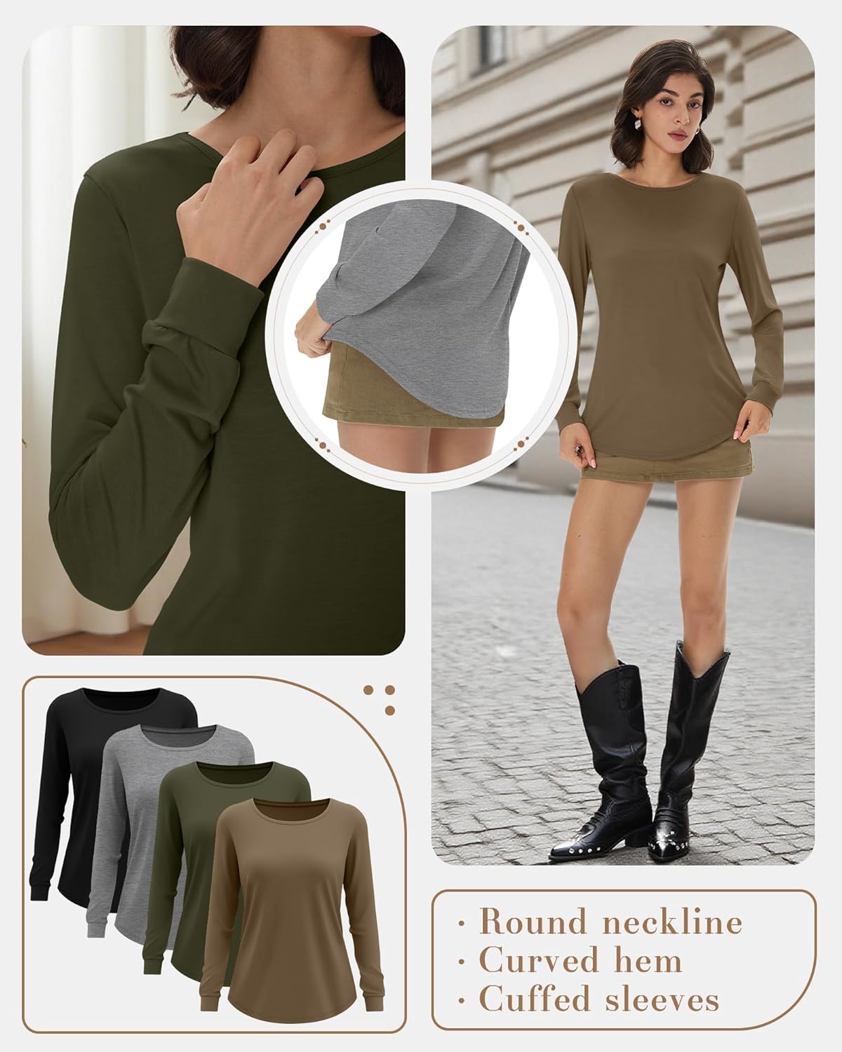 Huukeay 4 Pack Womens Long Sleeve Shirts Loose Fit Tunic Tops Crew Neck Curved Hem Basic Casual Layering Shirts - Image 2