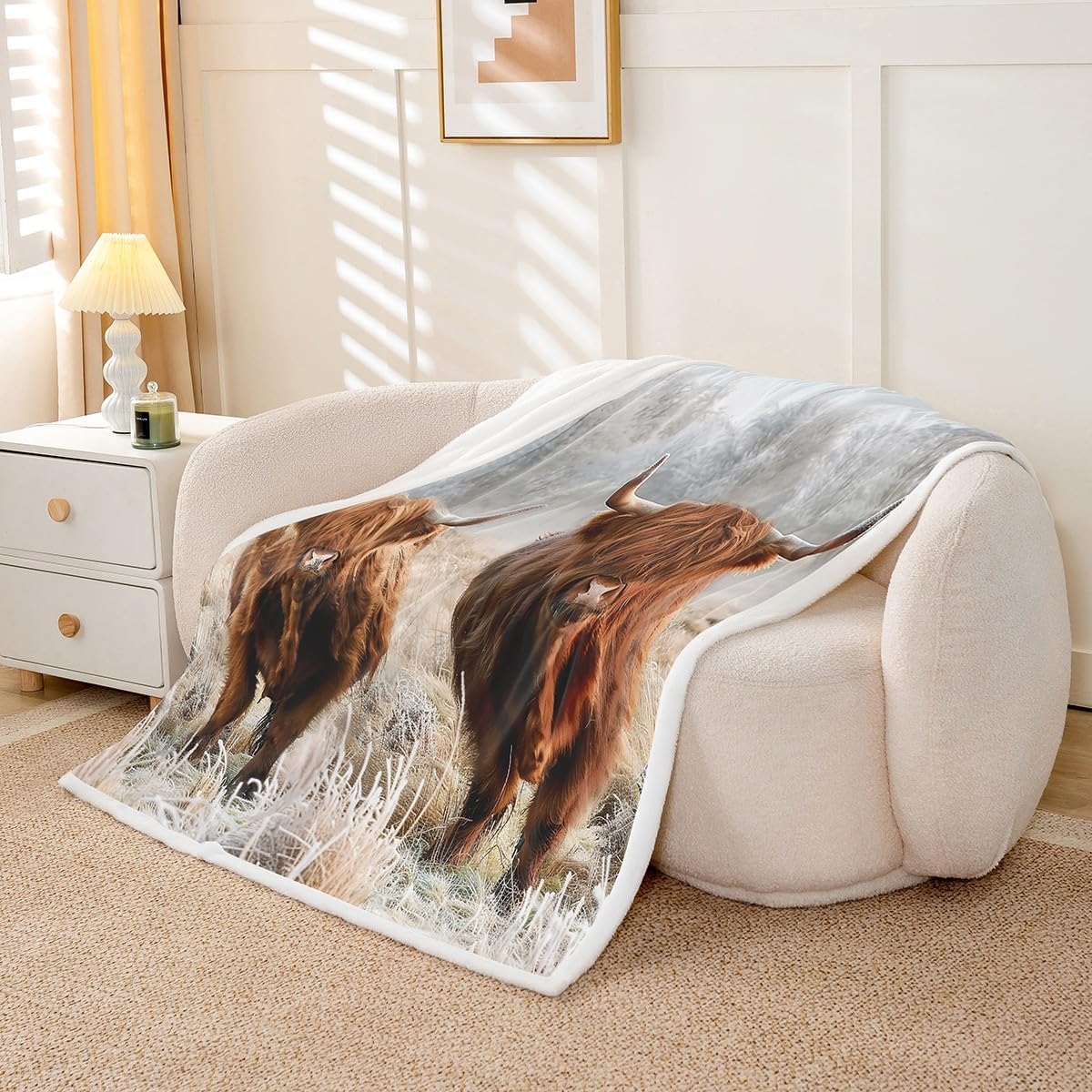 Highland Cattle Pattern Throw Blanket Highland Cow Blanket for Kids Boys Girls Farmhouse Cow Landscape Blanket for Chair Office Room,Twin (60 x 80 Inches)
