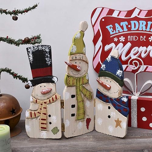 Miniatura 3 de Muñeco de nieve de madera Decoración de mesa Triple Muñeco de nieve decorativo Pantalla plegable de madera Señales de Navidad Centro de mesa