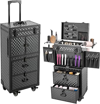 Rolling Makeup Train Case,Lockable Cosmetology Case with 4-Tier Storage