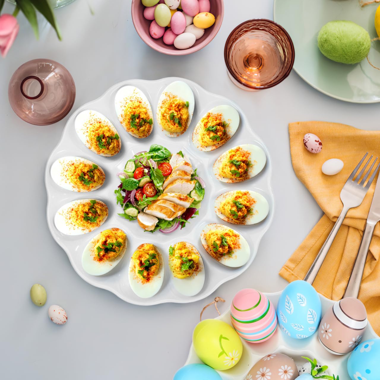 Homoyoyo Bandeja para Huevos Rellenos Compartimentos con Fondo Plano Estable para Servir Hogar y Restaurante Fácil de Limpiar Porcelana Clásica