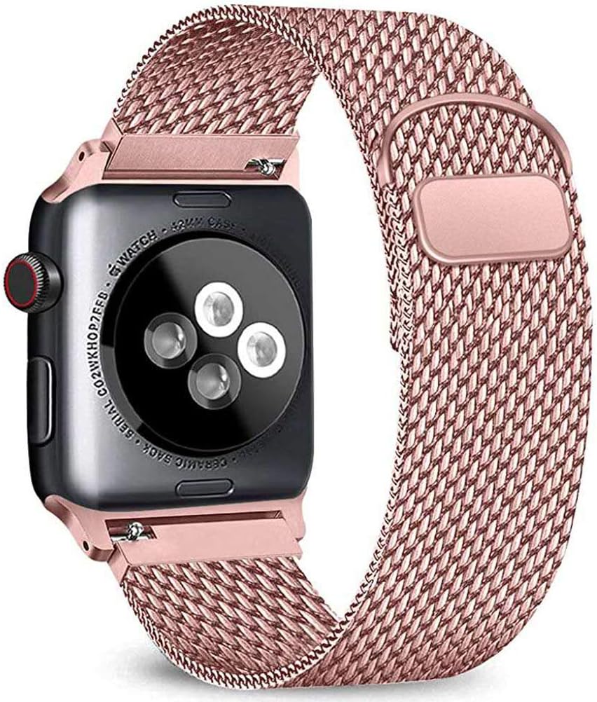 Compatible for Apple Watch Band 38mm 40mm 42mm 44mm,Wristband Mesh Loop with Adjustable Magnetic Closure Replacement Bands for iWatch Series 1/2/3/4/5 (Rose Gold Pink, 42mm/44mm)