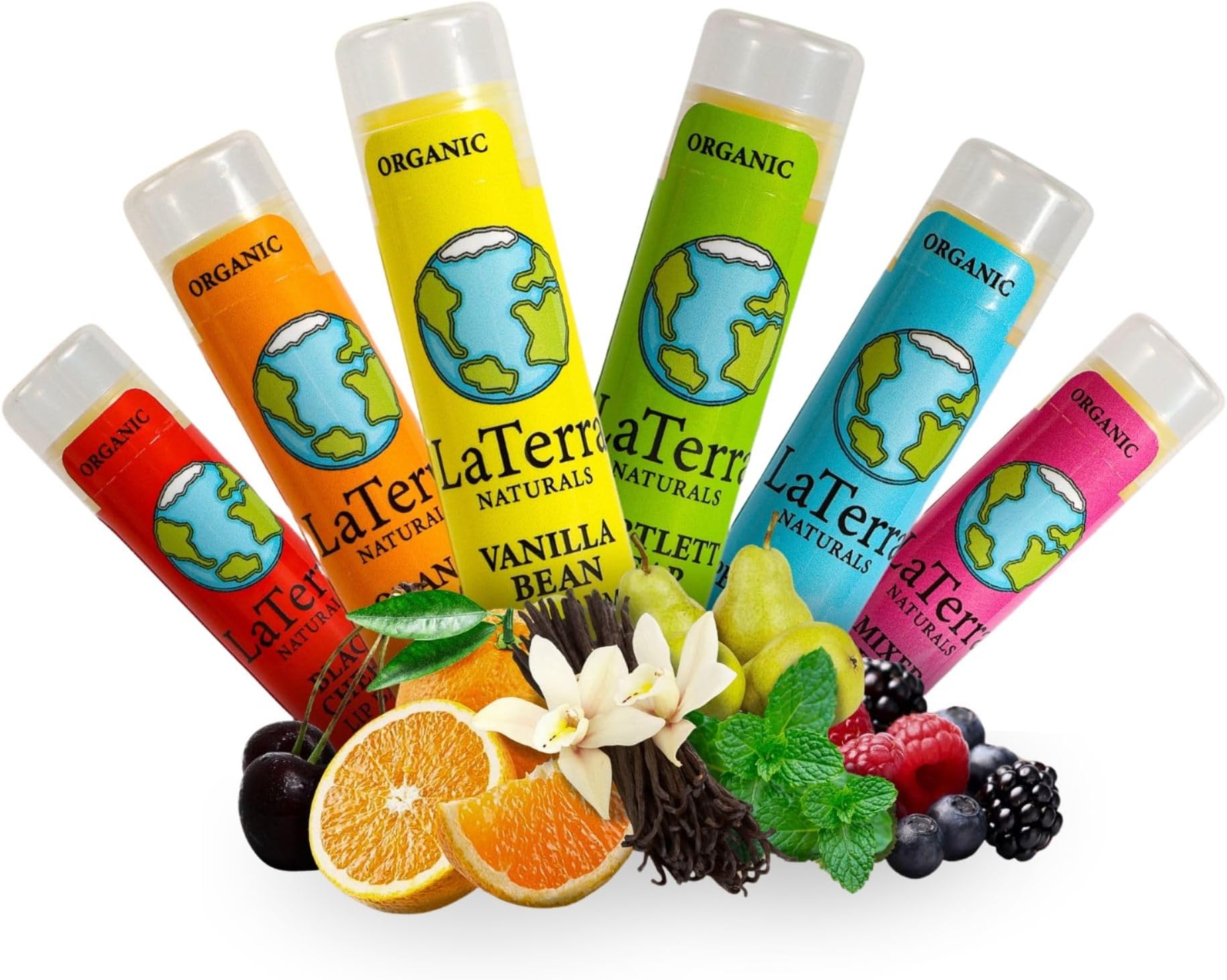 LaTerra NaturalsUSDA Organic Lip Balm Pack of 6 Flavours - Fruit Peppermint - Moisturizing Hydrating Repairing Chapstick - Beeswax Coconut Oil Vitamin E - Easter - Gift - Made in USA