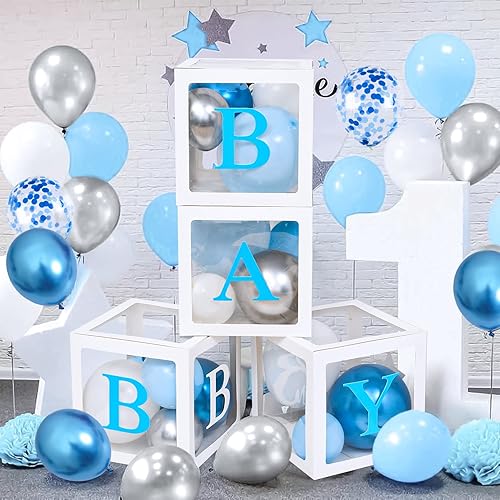 Miniatura 6 de Golray 155 piezas de decoración de elefante para baby shower, cajas con letras, kit de guirnalda de globos azules, telón de fondo, mantel, estrella,