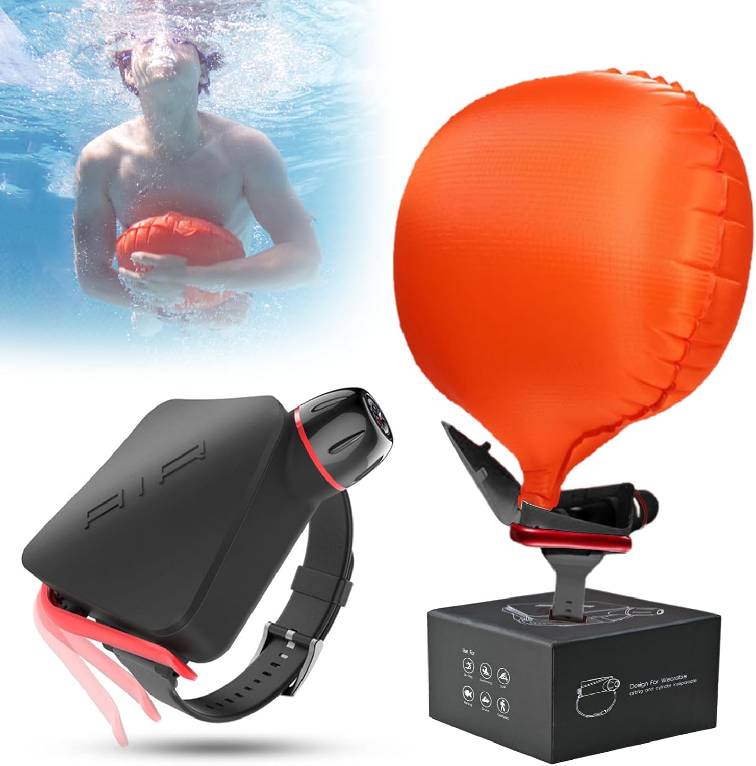 Reusable Anti-Drowning Bracelet with Gas Cylinder*2&Compass,Water Sports Essential Portable Life Buoy Inflates in a Second to Bring People to Surface,Wearable Lifesaving Wristband AD001-003