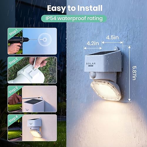 Miniatura 5 de Solar Wall Light Outdoor, 3000K 4000K Solar Motion Lights, 180° Adjustable Lamp Head, 2000LM Solars Security Lighting for Door, Yard, Garage, White,