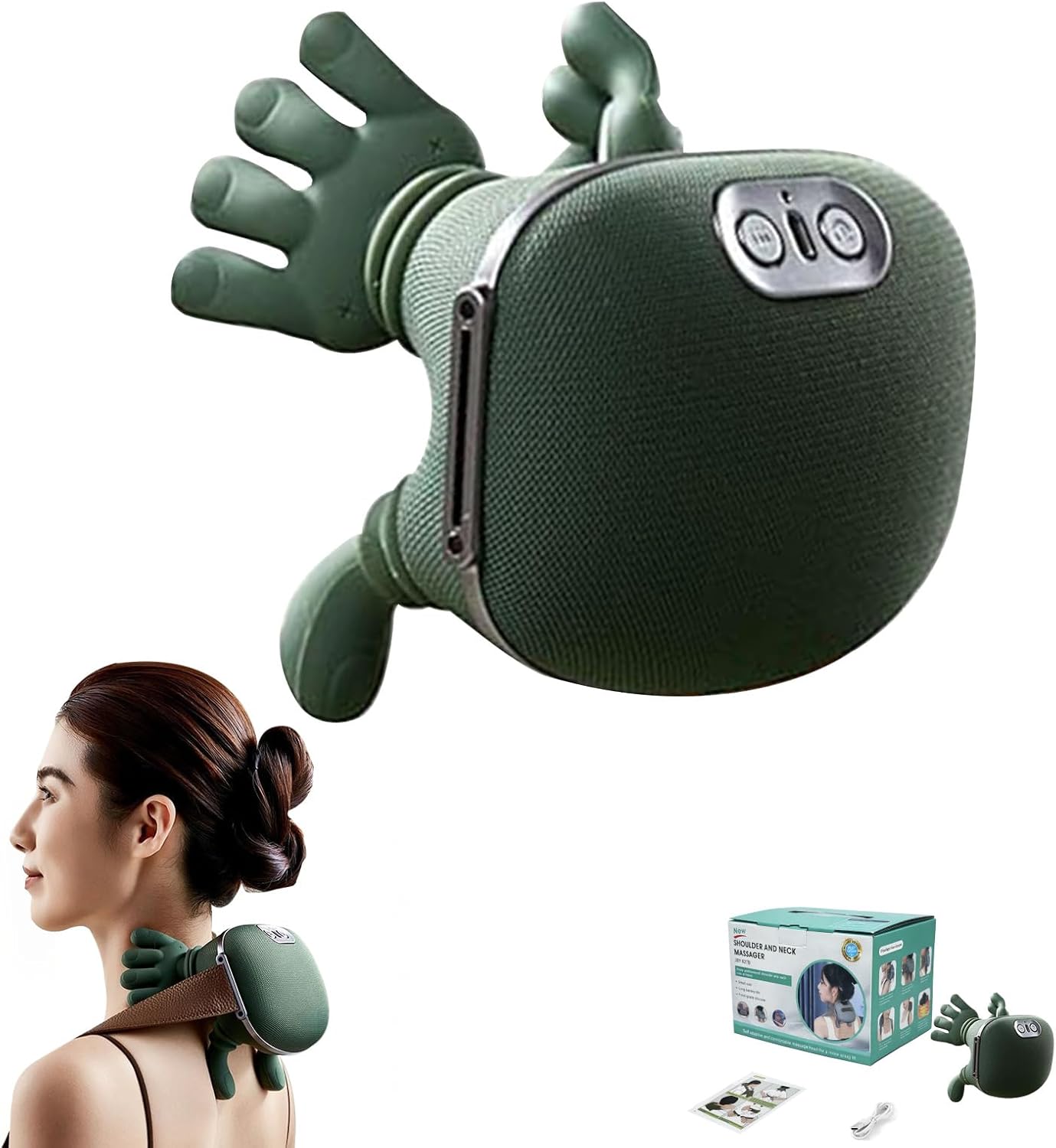 Bionic Neck Massager with Hands, 4D Shiatsu Deep Tissue Relief Massage, Portable Shoulder Massage with Heat, Portable Back Massager for Gifts, Rechargeable Deep Kneading Massagers for leg, arm, Cordless Deep Tissue Relief (Green)