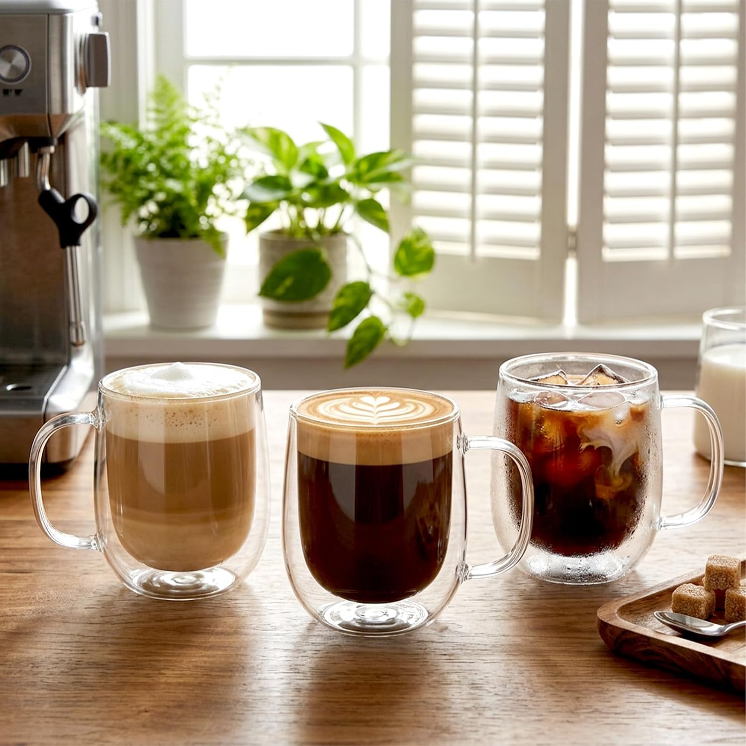 6 Pack Double Wall Glass Mugs 12 oz, Insulated Clear Coffee Cups with Handle – Heat Resistant Borosilicate Glass for Espresso, Latte, Cappuccino, Tea