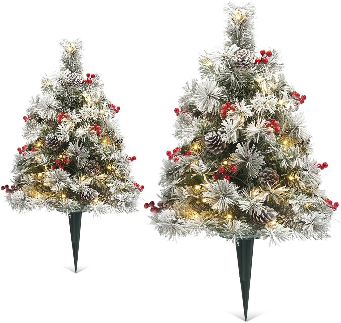 Christmas Tree 30 inch Prelit 2 Set Pathway Porch Flocked Christmas Trees Pre-Light LED Battery Operated Outdoor Xmas Decor for Entrance Driveway, Yard, Garden, Red Berries, Pine Cones (White)
