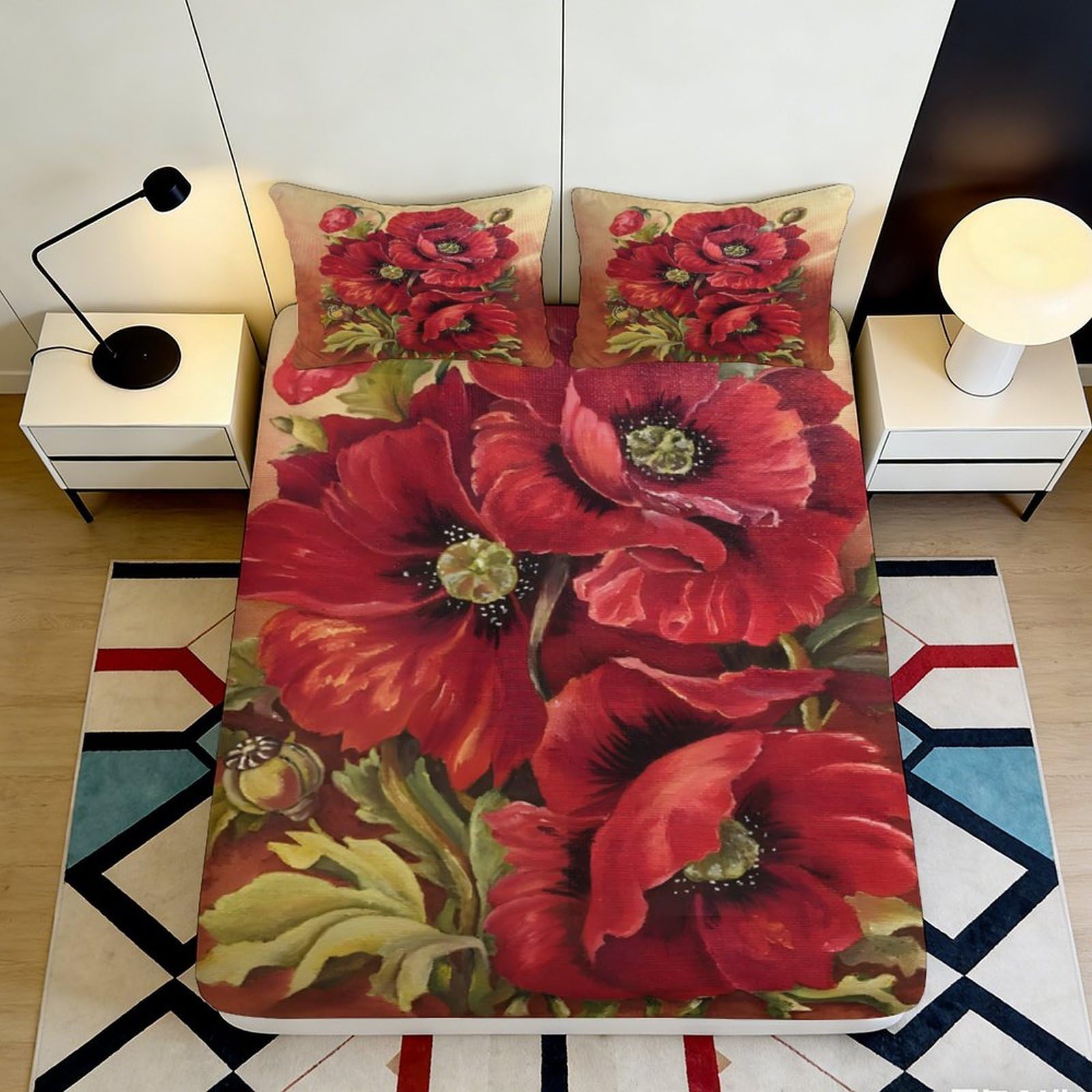 3D Printed Red Poppy Flower Fitted Sheet Microfiber Soft Large Bloom Mattress Cover for Bedroom Dorm Decorative Bedspread 90x200x25cm