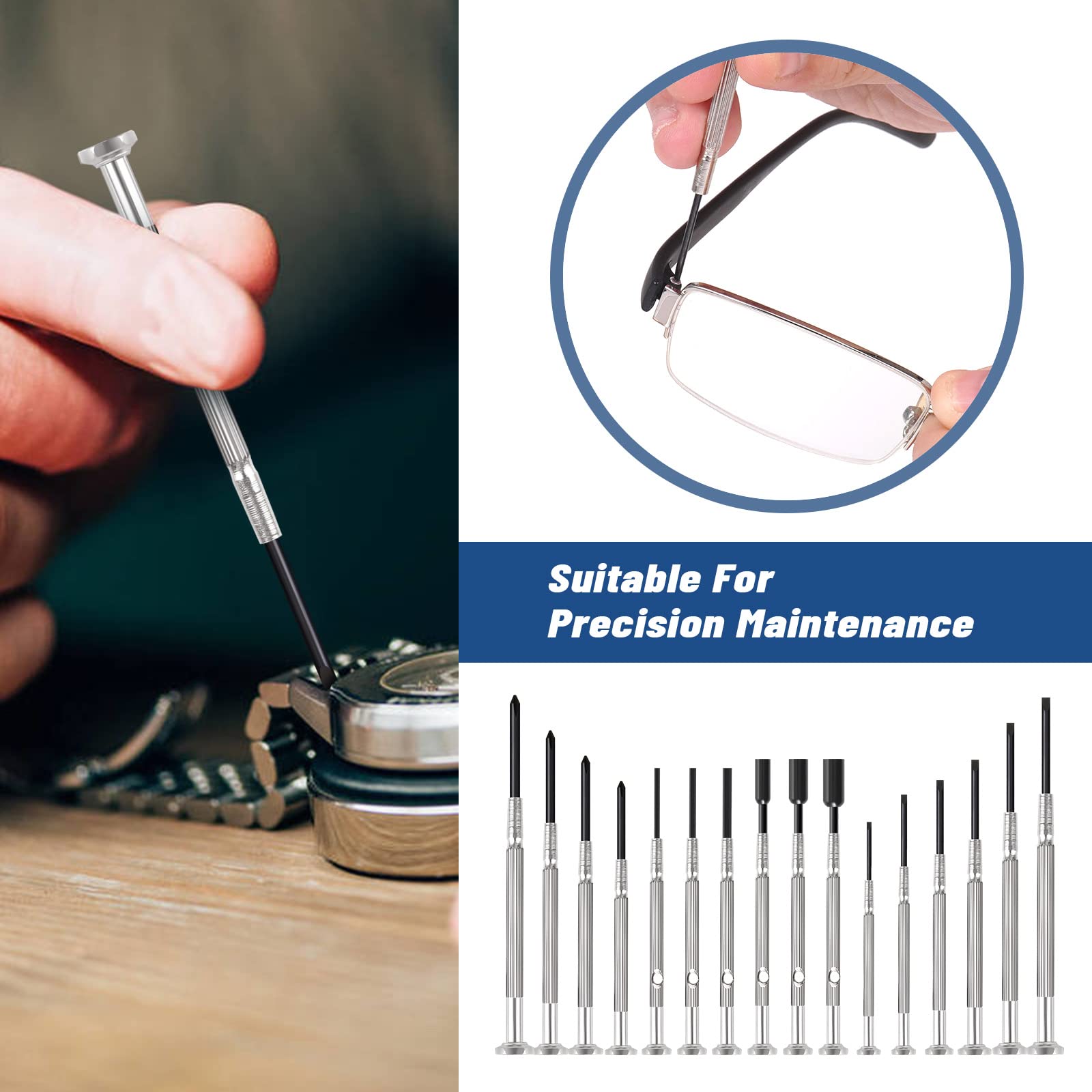 Juego de 16 mini destornilladores de precisión, kit de destornilladores pequeños XAQISHIRE con 16 cabezas hexagonales de cabeza plana de diferentes tamaños, ideal para relojes, joyeros, anteojos,