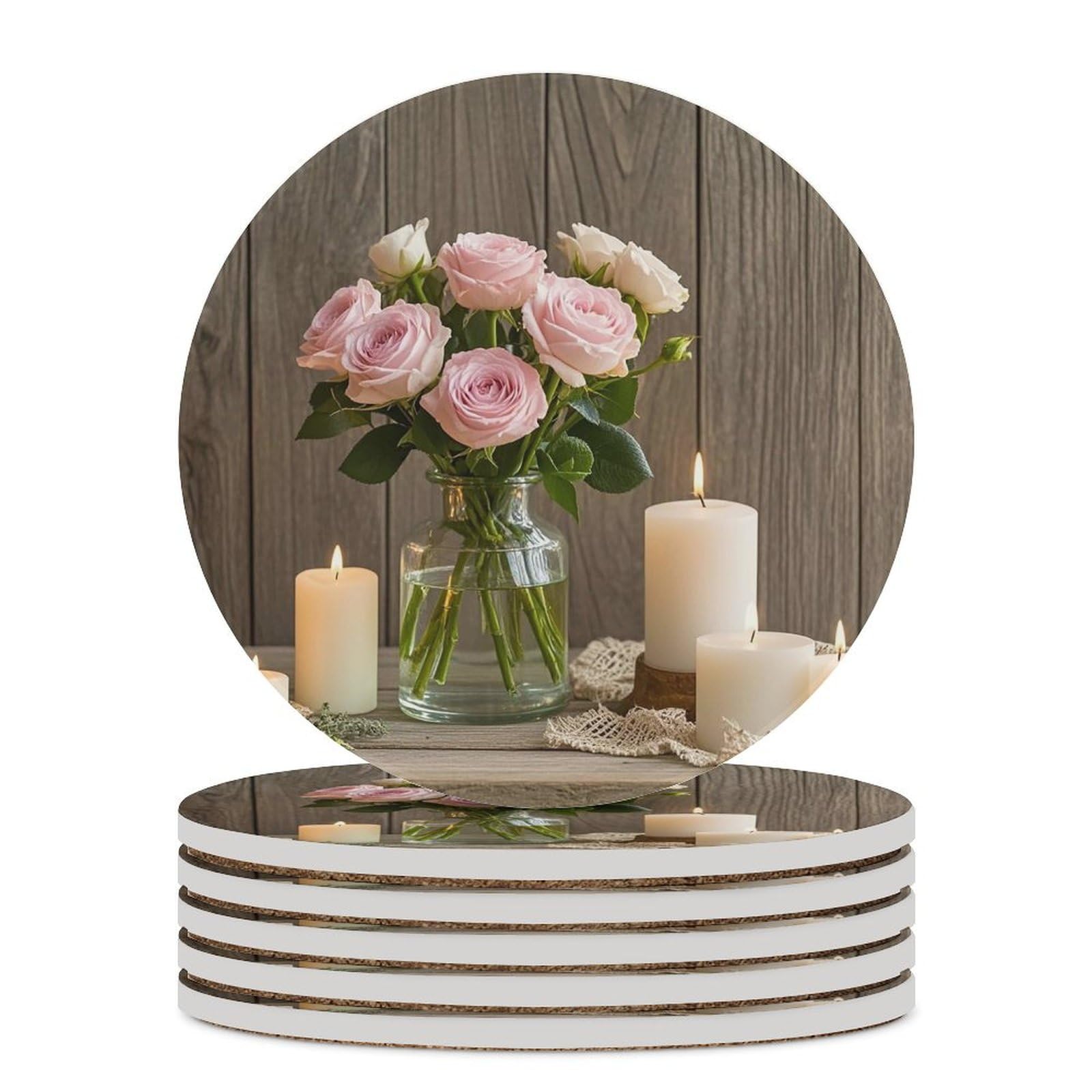 Dessous de verre céramique fleurs x6 avec support liège pour table