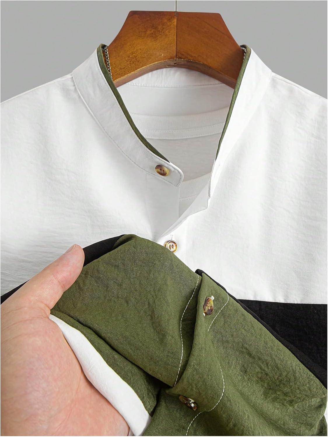 Men's 2 Piece Color Block Summer Outfits Band Collar Button Down Shirts and Drawstring Shorts Set - Image 3