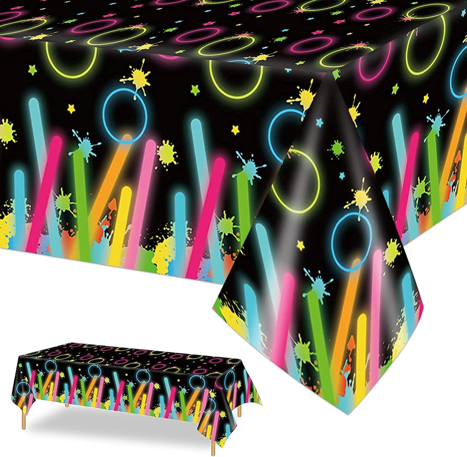 AM ANNA 3 Pieces Party Table Covers Noen Party for Kids and Adults Plastic Theme Party Supplies Decoration Fake Glow Decor Table Cloth for Birthday Party for Boys and Girls Black 54X108inch